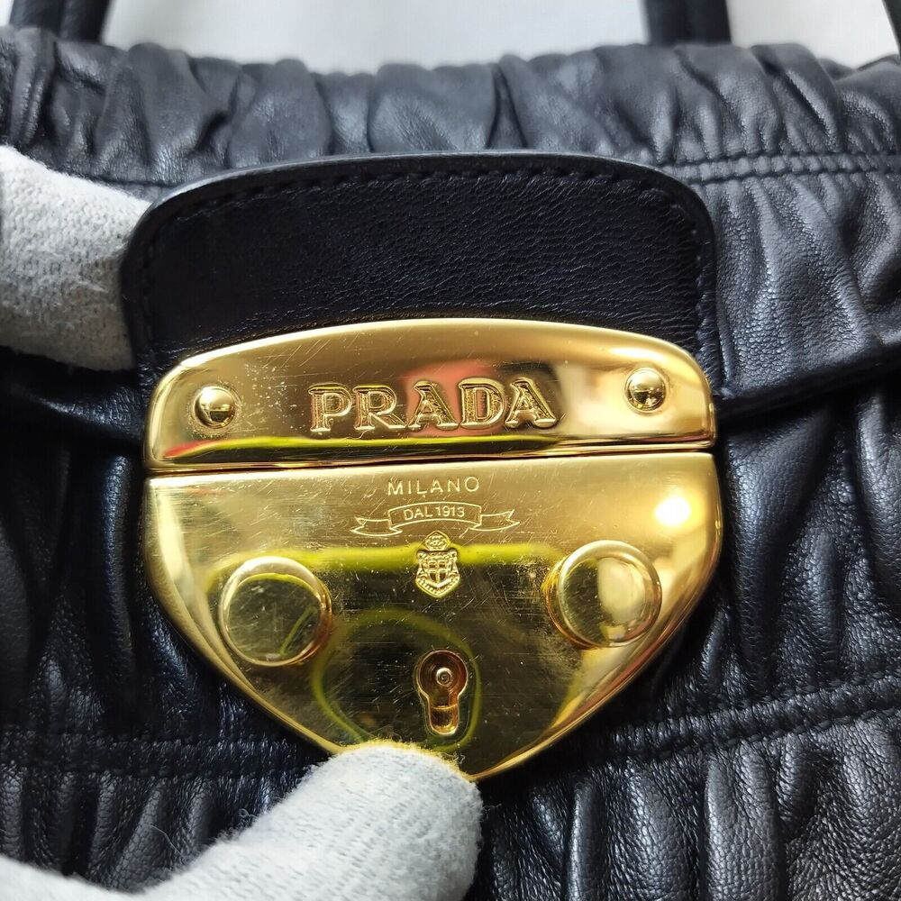 Prada Black Gaufre Nappa Leather Push Lock Double Handle Satchel Shoulder Bag - Picture 5 of 16